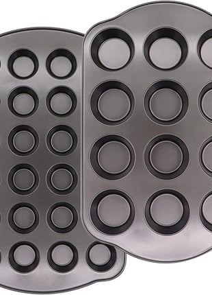 12+24 Muffin Pan Set (2 Pack) - Nonstick Cupcake Tins Dark Gray | Heavy Duty Carbon Steel, Rustproof, Oven Safe Baking Gift