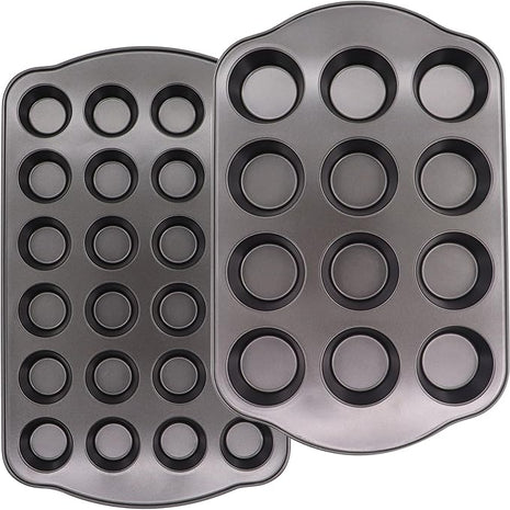 12+24 Muffin Pan Set (2 Pack) - Nonstick Cupcake Tins Dark Gray | Heavy Duty Carbon Steel, Rustproof, Oven Safe Baking Gift