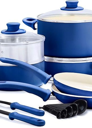 GreenLife Soft Grip Healthy Ceramic Nonstick 12 Piece Cookware Pots and Pans Set, PFAS-Free, Dishwasher Safe, Blue