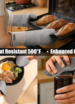 Rorecay 6pcs Oven Mitts and Pot Holders Sets for Kitchen, Extra Long Silicone Oven Gloves High Heat Resistant 500 Degrees Non-Slip Potholders Hot Pads for Baking Cooking, Grey