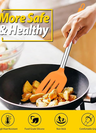Pack of 2 Silicone Solid Turner, Non Stick Slotted Kitchen Spatulas, High Heat Resistant BPA Free Cooking Utensils, Ideal Cookware for Fish, Eggs, Pancakes (ORANGE)