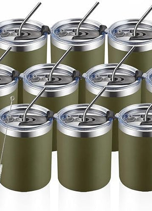 MEWAY 12 oz Lowball, Tumbler Stainless Steel Double Wall Vacuum Insulated Mug with Straw and Lid, Cleaning Brush ，Durable Powder Coated Insulated Coffee Cup for Cold & Hot Drinks (Army Green,12)