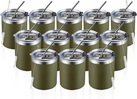 MEWAY 12 oz Lowball, Tumbler Stainless Steel Double Wall Vacuum Insulated Mug with Straw and Lid, Cleaning Brush ，Durable Powder Coated Insulated Coffee Cup for Cold & Hot Drinks (Army Green,12)