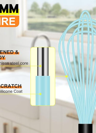 HOTEC 4 Pieces Silicone Whisks Set, Wire Balloon Whisks Egg Beater, Non-slip Handle Whisk for Non-stick Cookware Perfect for Cooking, Stirring, Beating and Blending (Blue)