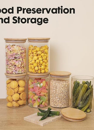 YUNCANG Glass Food Storage Jars 37oz [Set of 6],Clear Glass Food Storage Containers with Airtight Bamboo Lid Stackable Kitchen Canisters for Candy,Cookie,Rice,Sugar,Flour,Pasta