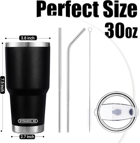 D·S 30 oz Black Tumbler Stainless Steel Double Wall Vacuum Insulated Mug with Straw and Lid, Cleaning Brush for Cold and Hot Beverages