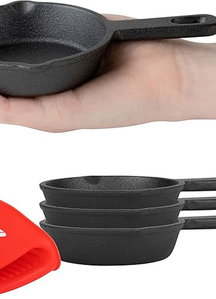 Modern Innovations Mini Black Cast Iron Skillet Set with Silicone Mitt (4 Count) - 3.5 Inch Pans, Pre Seasoned Small Skillets for Baked Cookie/Brownie or Cooked Eggs