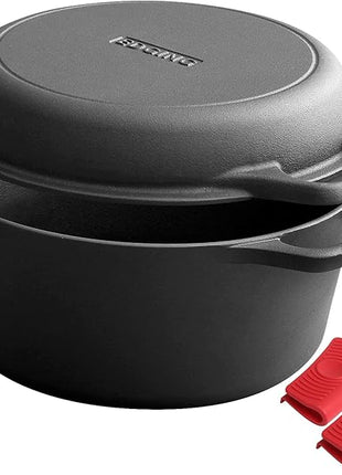 2-in-1 Pre-Seasoned Cast Iron Dutch Oven Pot with Skillet Lid Cooking Pan, Cast Iron Skillet Cookware Pan Set with Dual Handles Indoor Outdoor for Bread, Frying, Baking, Camping, 7QT