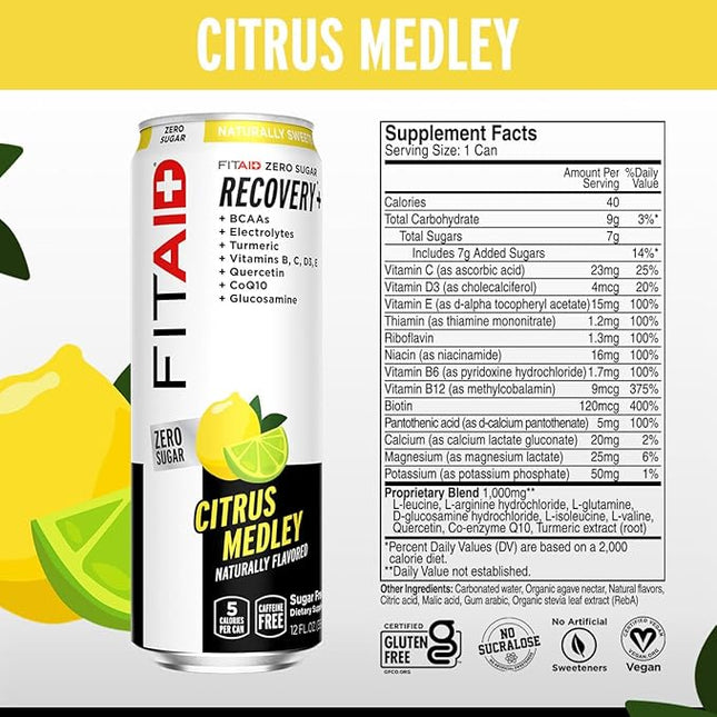 FITAID Zero, 5 Calorie, Number 1 Post-Workout Recovery Drink, Sugar Free, Keto Diet, BCAAs, Quercetin, Glucosamine, Green Tea, 12 Fl Oz (Pack of 24)