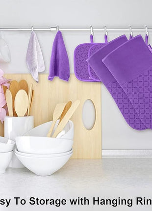 KEGOUU Oven Mitts and Pot Holders 6pcs Set, Kitchen Oven Glove High Heat Resistant 500 Degree Extra Long Oven Mitts and Potholder with Non-Slip Silicone Surface for Cooking (Purple)