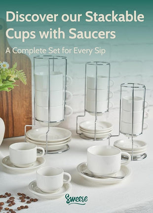 Sweese 2.5 Ounce Porcelain Stackable Espresso Cups with Saucers and Metal Stand Set of 4, White
