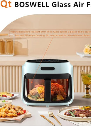 Glass Air Fryer, 7.6QT with Transparent Fry Bowl, Circulating Heating, Temperature Control, Air Fryer Roast, Dishwasher Safe (Green)