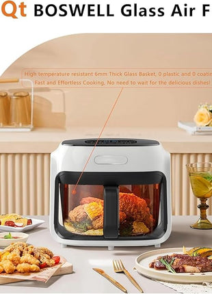 Glass Air Fryer, 7.6QT with Transparent Fry Bowl, Circulating Heating, Temperature Control, Air Fryer Roast, Dishwasher Safe (White)