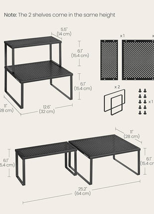 SONGMICS Spice Racks, Set of 2 Metal Cabinet Shelf Organizers, Countertop Organizers, Shelf Risers, Stackable, Expandable, Ink Black UKCS005B01