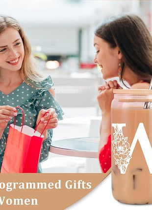 Coolife Initial Glass Cup, Monogrammed Gifts for Women, 16 oz Glass Cups w/Lids Straws, Iced Coffee Smoothie Beer Tumbler w/Straw Lid - Personalized Christmas, Birthday Gifts for Her Mom Friend Woman