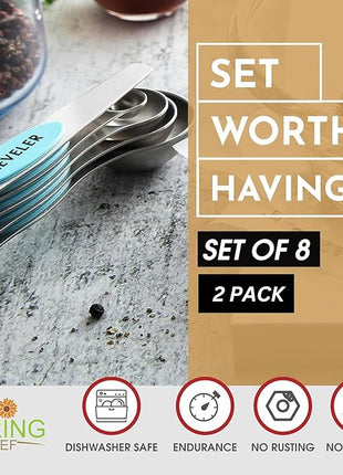 Spring Chef Stainless Steel Magnetic Measuring Spoons Set of 8 with Leveler, Metal Teaspoon & Tablespoon Measuring Spoons with Strong Magnets, Kitchen Gadgets for Baking & Cooking - 2 Pack - Aqua Sky