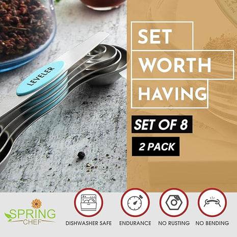 Spring Chef Stainless Steel Magnetic Measuring Spoons Set of 8 with Leveler, Metal Teaspoon & Tablespoon Measuring Spoons with Strong Magnets, Kitchen Gadgets for Baking & Cooking - 2 Pack - Aqua Sky