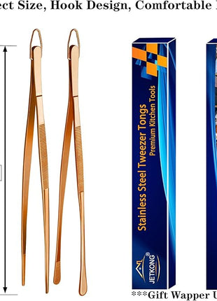 JETKONG 2 Pcs 12-Inch Kitchen Tweezers Cooking Tweezer Tongs Stainless Steel Long Food Tweezers (Rose Gold)
