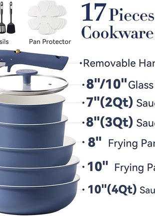 CAROTE 17pcs Pots and Pans Set, Nonstick Cookware Set Detachable Handle, Induction Kitchen Cookware Sets Non Stick with Removable Handle, RV Cookware Set, Oven Safe