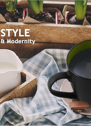 MIAMIO - Set of 6 Stoneware Coffee Mugs 12 Ounce/Cup Set - Le Papillon Collection (Black-Green)