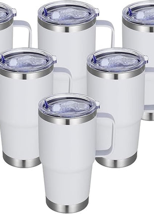 20 oz Stainless Steel Tumbler with Handle Bulk Metal Insulated Tumblers Travel Coffee Mug with Handle Double Wall Tumbler Cup with Lid and Straw, White 6 Pack