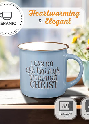 Christian Art Gifts Blue Camp Style Ceramic Coffee Mug – 13 oz. Microwave and Dishwasher Safe Inspirational Scripture Coffee & Tea Mug with Bible Verse: I Can Do All Things Through Christ – Phil. 4:13