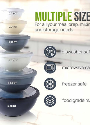 Zulay Kitchen 12 Piece Plastic Mixing Bowls with Leak-Proof Lids Set - Microwave and Freezer Safe Kitchen Mixing Bowls for Preparing, Serving and Storing - Large Nesting Bowls (Midnight Ombre)