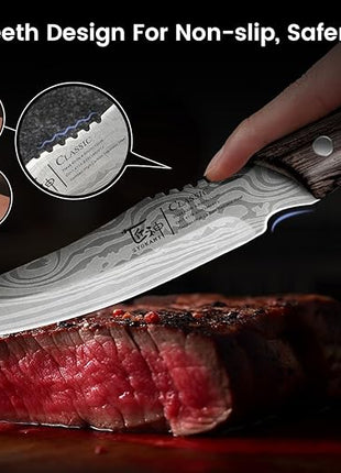 Steak Knives Set of 6 with Drawer Organizer, 4.8 Inch High Carbon Japanese Style Non Serrated Meat Knife with Wood Handle, Damascus Pattern Full Tang Design, Razor-Sharp Dinner Knives