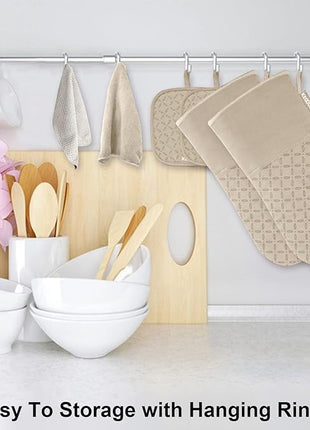 KEGOUU Oven Mitts and Pot Holders 6pcs Set, Kitchen Oven Glove High Heat Resistant 500 Degree Extra Long Oven Mitts and Potholder with Non-Slip Silicone Surface for Cooking (Almond)