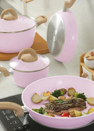 Pots and Pans Set Non Stick, Ceramic Cookware Set with Granite Pattern, Induction Kitchen Cooking Sets w/Frying Pans, Saucepans, Casserole with Lids, Non-Toxic, PTFE/PFOA/PFOS-Free, Pale Pink