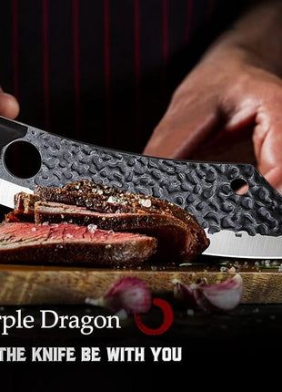 Purple Dragon Kitchen Knife 8 Inch Ultra Sharp Japanese Butcher Knife for Meat Cleaver Vegetable Cutting with Finger Hole Hand Forged High Carbon Steel Chef Knives Christmas Gift for Men and Women