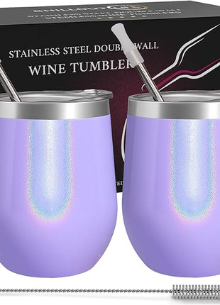 CHILLOUT LIFE 12 oz Stainless Steel Wine Tumblers 2 Pack - Double Wall Vacuum Insulated Wine Glasses Cups with Lids and Straws Set Keeping Cold & Hot for Coffee, Beer, Ice Cream - Purple Sparkle