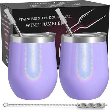 CHILLOUT LIFE 12 oz Stainless Steel Wine Tumblers 2 Pack - Double Wall Vacuum Insulated Wine Glasses Cups with Lids and Straws Set Keeping Cold & Hot for Coffee, Beer, Ice Cream - Purple Sparkle