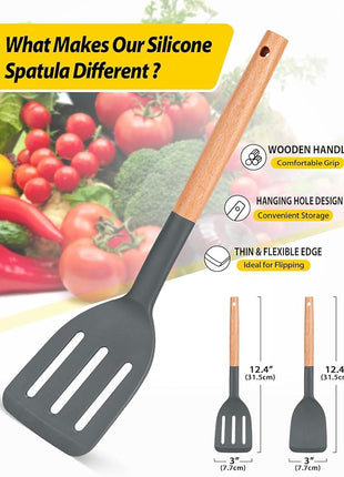 Pack of 2 Silicone Cooking Spatula, Heat Resistant Solid Turner, Non Stick Slotted Spatulas with Wooden Short Handle,Ideal Wood Kitchen Utensils Set for Frying, Baking, Flipping, Turning