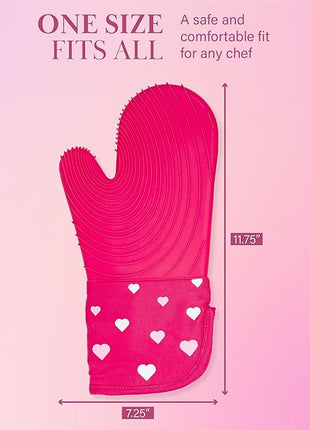 Paris Hilton Oven Mitt Set with Heart Design, Heat Resistant Pot Holders Featuring Non-Slip Textured Silicone Grips, 2-Piece Set, Pink