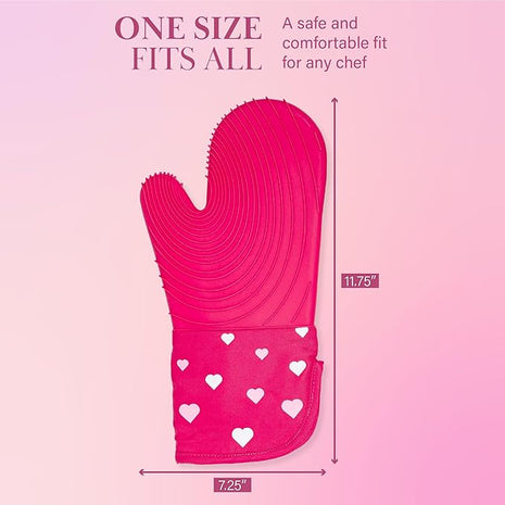Paris Hilton Oven Mitt Set with Heart Design, Heat Resistant Pot Holders Featuring Non-Slip Textured Silicone Grips, 2-Piece Set, Pink