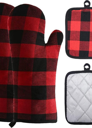 Oven Mitts and Potholders BBQ Gloves-Oven Mitts and Pot Holders with Recycled Infill Silicone Non-Slip Cooking Gloves for Cooking Baking Grilling (4-Piece Set) (Black/Red)