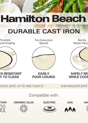 Hamilton Beach Enameled Cast Iron Fry Pan 12-Inch Cream, Cream Enamel Coating, Skillet Pan for Stove Top and Oven