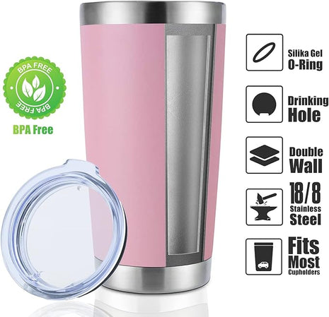 DOMICARE 20oz Stainless Steel Tumbler Bulk with Lid, Double Wall Vacuum Insulated Travel Mug, Powder Coated Coffee Cup, Pink, 8 Pack