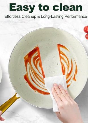 Pots and Pans Set Non Stick, 7 Piece White Granite Induction Cookware Set, Nonstick Kitchen Cooking Set with Gold Handle and Utensil, Oven Safe (PFOS, PFOA Free)