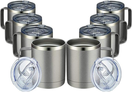 MEWAY 12oz Coffee Mug With Handle 8 Pack Bulk,Stainless Steel Insulated Travel Tumblers With Sliding Lid,Double Wall Vacuum Camping Cup for Hot & Cold Drinks Tea (Cold Grey,Set of 8)