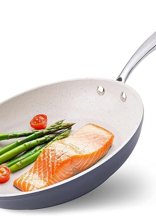 Mueller Frying Pan, Heavy Duty German Stone Coating Non Stick Frying Pans, No PFOA or APEO, Paella Pan, Dishwasher and Oven Safe, Even Heat Distribution, Cool Stainless Steel Handle, Light Grey