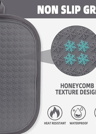 Hovico 2PCS Silicone Pot Holders, Oven Mitts Heat Resistant Hot Pads with Pockets, Non Slip Pot Holder for Kitchen Baking and Cooking| 9.8 x 7 Inches | Towel Cloth Interior Lining - Gray