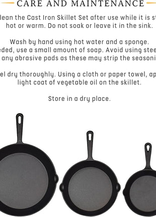 Jim Beam HEA Set of 3 Pre Seasoned Cast Iron Skillets with Even Distribution and Heat Retention-6" 8" 10", 10'', Black,JB0195