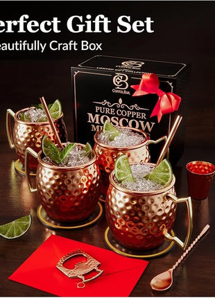 Moscow Mule Copper Mugs - Unique HANDCREFTED Gift Set of 4, Hammered by Artisan, 100% Pure Solid Copper Cups 16oz for Drinking Water & Cocktails, Include 12 Pcs accessories & Special Opener