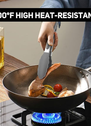 Kitchen Tongs, Stainless Steel Silicone Tongs for Cooking 600ºF High Heat-Resistant BBQ Grilling Locking Tongs, Set of 2-9" and 12" Light Grey