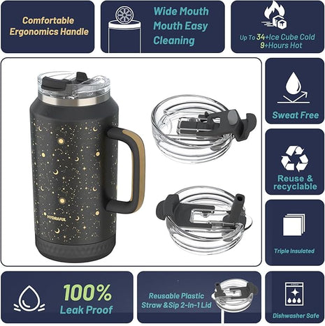 Hydraful 64 oz Tumbler with Handle and Straw - 100% Leak-Proof - Insulated Cup Reusable Stainless Steel Large Water Bottle Travel Mug for Gym, Hiking, and Camping - Gifts for Women Men Him Her