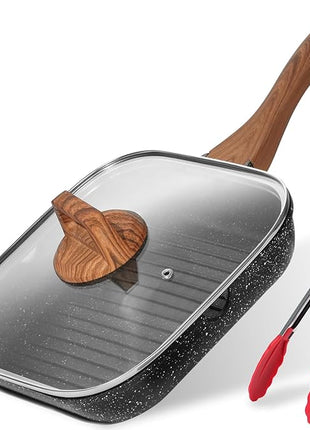 ESLITE LIFE 11 Inch Nonstick Grill Pan with Lid for Indoor Cooking, Versatile Induction Square Large Grilling Skillet Steak Pan for Stove Tops, PTFE & PFOA Free, Black