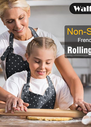 Walfos French Rolling Pin Set - Natural Wooden Rolling Pins (8inch, 15.7inch) With Non-stick Silicone Fiber Pastry Mat, Baking Dough Roller for Pizza, Pie, Pasta, Bread, Pastry