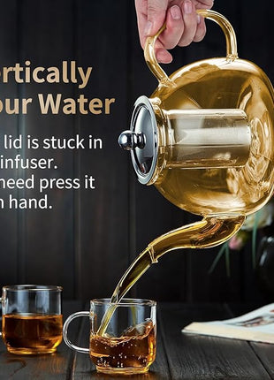 40OZ (1200ML) Glass Teapot with Infuser Stovetop Safe, Clear Glass Tea Pot Kettle, Borosilicate Tea Pot with Infusers Filter for Loose Tea, Tea Kettle Dishwasher Safe (Champagne)